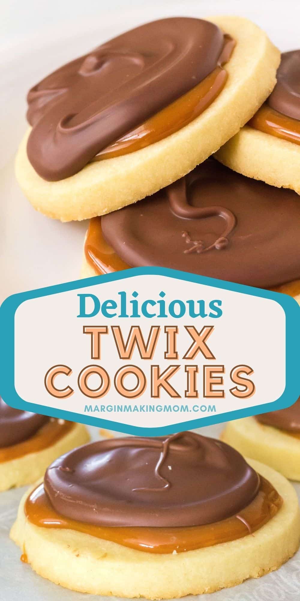 collage image featuring two photos of Twix cookies. One is a close-up of the cookies on parchment paper, the other is a stack of three cookies on a white plate