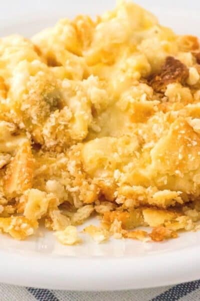 Instant Pot cheesy potatoes on a white plate