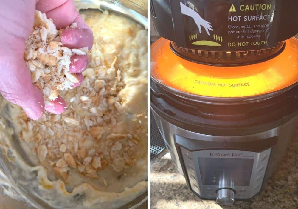 crisping the Ritz cracker topping on the cheesy potato casserole with an air fryer lid for the Instant Pot