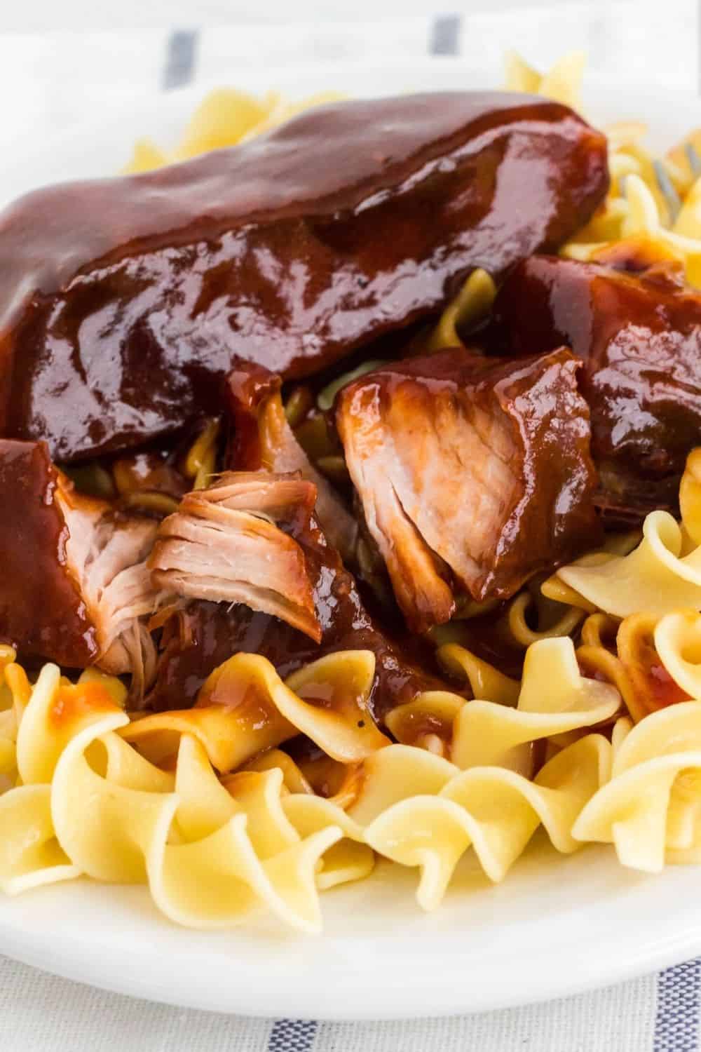 close-up view of slow cooker country style ribs with BBQ sauce