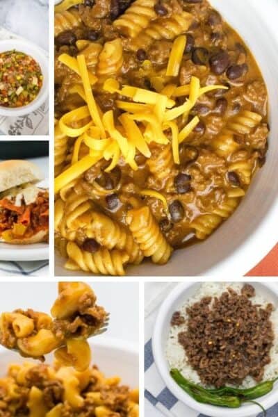 collage image featuring five photos of Instant Pot ground beef recipes
