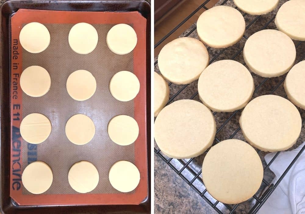 shortbread base for twix cookies on a baking sheet prior to baking, then on a cooling rack after baking