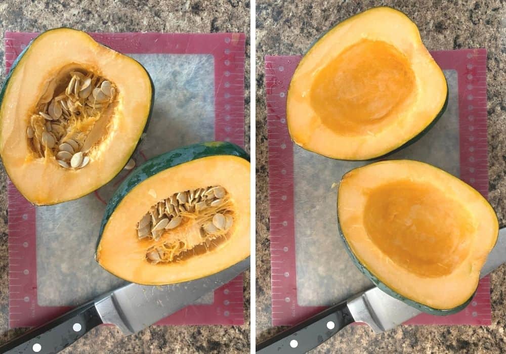 collage image featuring two photos of an acorn squash cut in half. One photo shows the seeds and pulp, while the other photo shows the cavities cleaned out