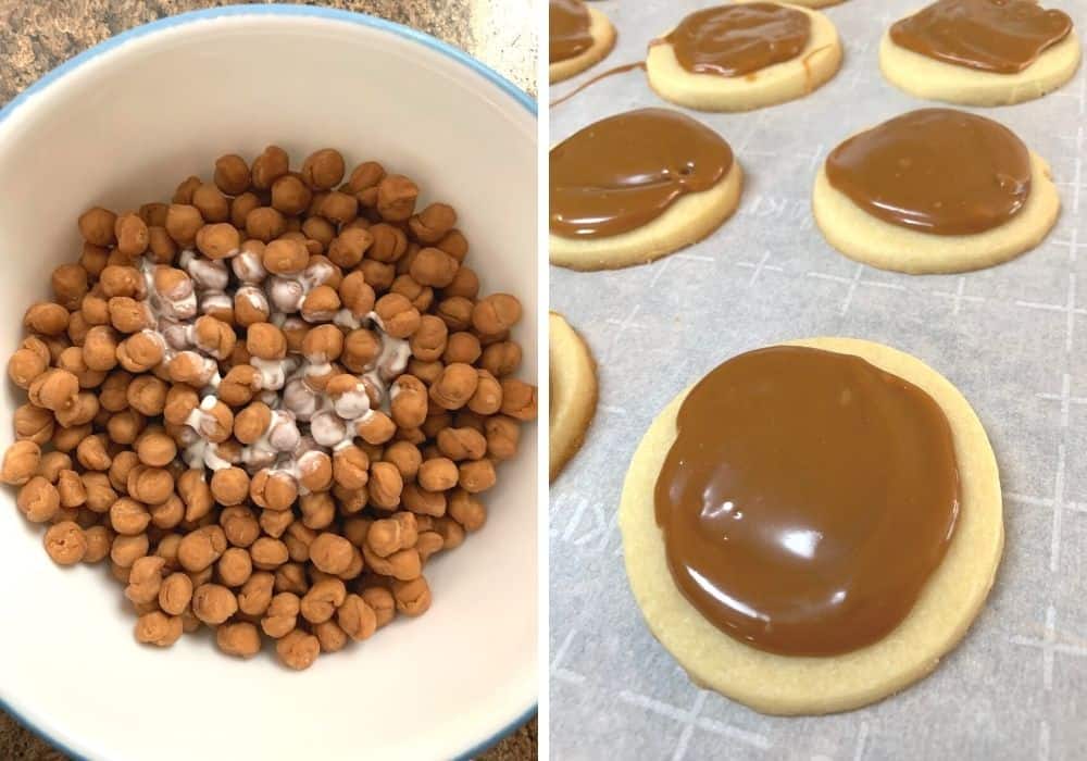 collage image featuring one photo of caramel bits and cream in a bowl, the other photo of melted caramel spread on shortbread cookies