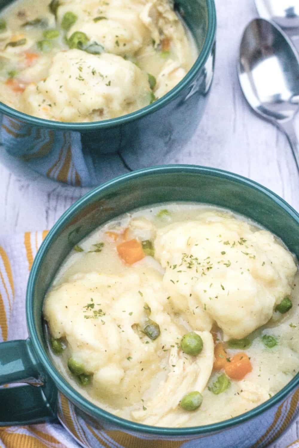 two green bowls of chicken and Bisquick dumplings