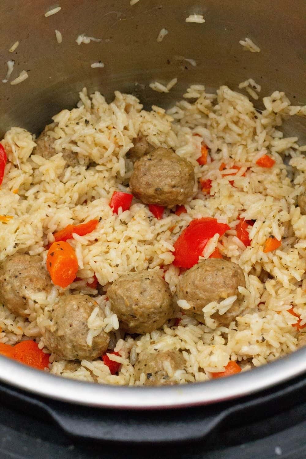 cooked meatballs and rice in the Instant Pot