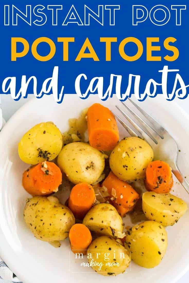 A serving of Instant Pot potatoes and carrots on a small white plate with a fork next to them