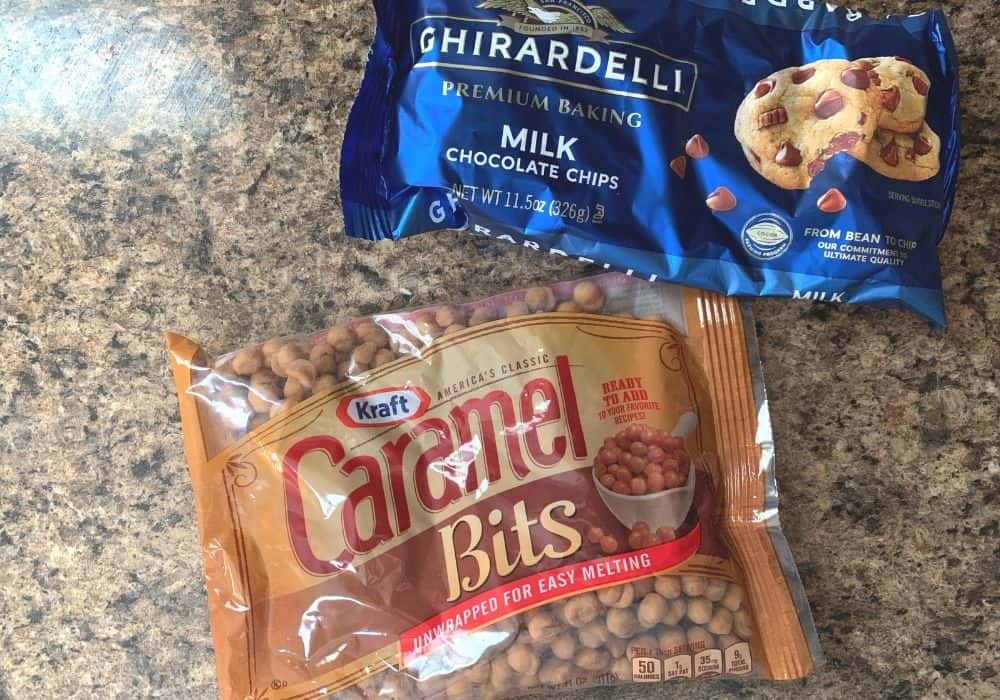 a package of Kraft Caramel Bits and a package of Ghirardelli milk chocolate chips