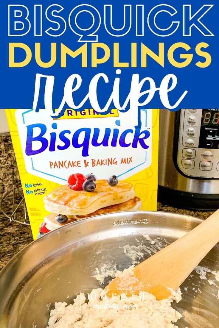 box of Original Bisquick in the background and a bowl of prepared Bisquick dumplings recipe in the foreground