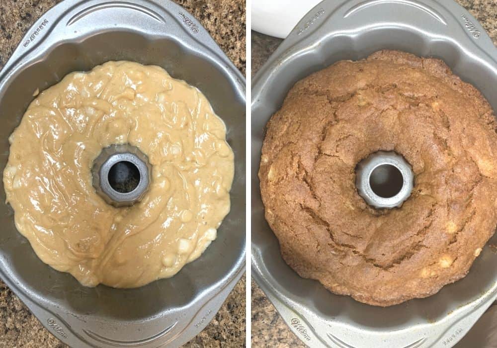 collage image showing pear cake before and after baking