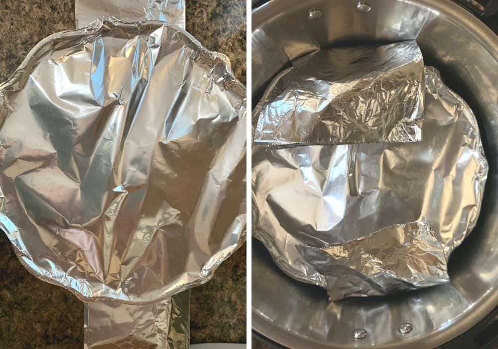 collage image featuring two photos: one of an Instant Pot bundt pan covered with foil on a foil sling, and the other of the pan in the insert pot of the Instant Pot
