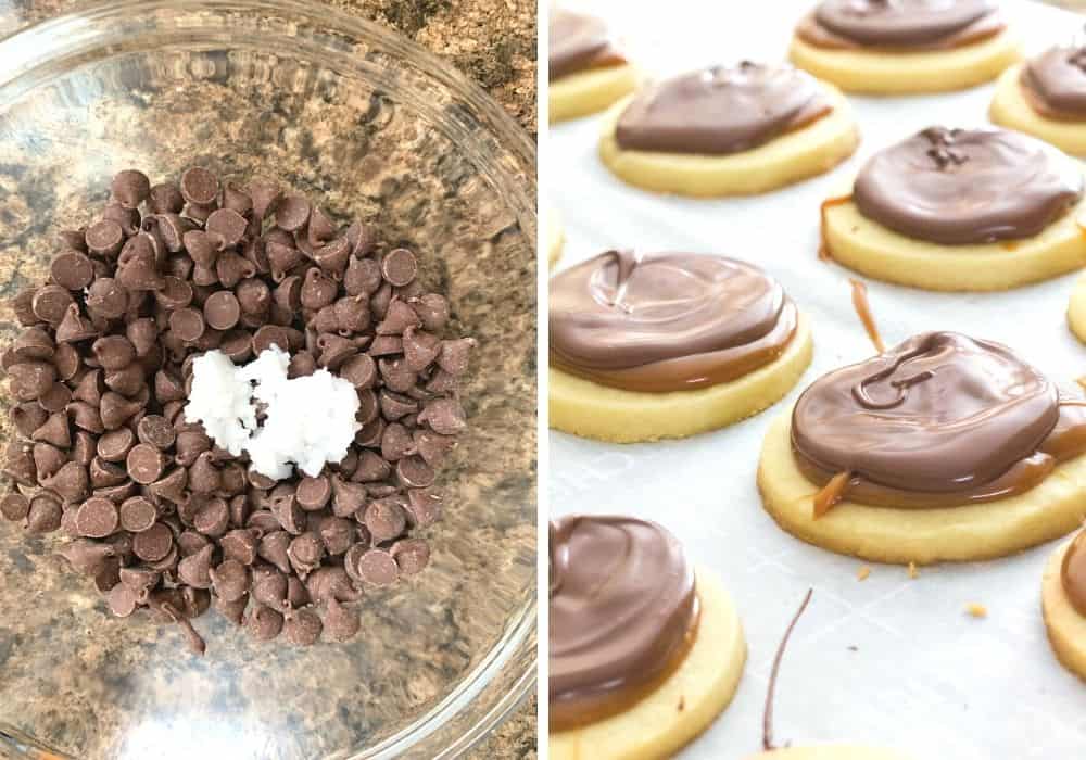 collage image featuring one photo of chocolate chips and coconut oil in a bowl, and the other photo picturing melted chocolate spread over the caramel shortbread cookies