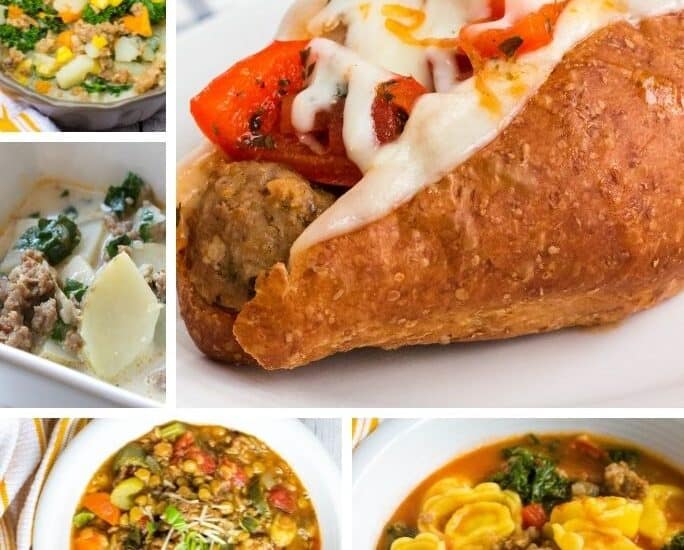collage image of various Instant Pot Italian Sausage recipes