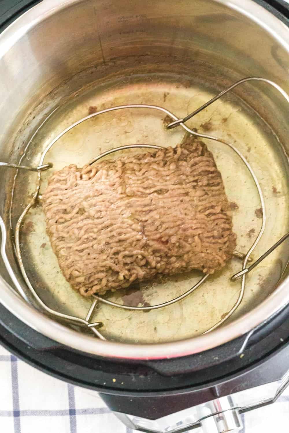 freshly cooked pound of frozen ground beef in the Instant Pot