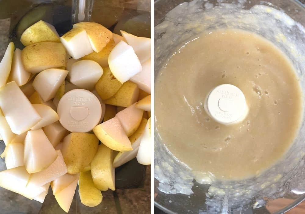 two images, with onen showing unpeeled pears coarsely chopped in a food processor, and the other showing pureed pears