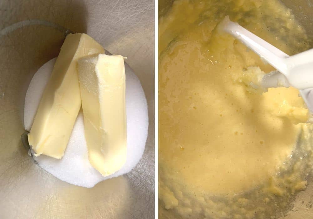 collage image showing butter and sugar, then mixed together with eggs.