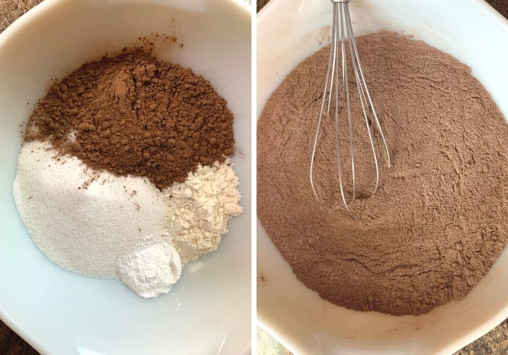 collage image featuring two photos, showing the dry ingredients combined in a mixing bowl and then whisked together.