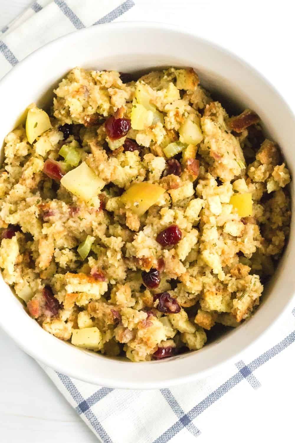 baking dish of stuffing with apples and cranberries, which was cooked in the Instant Pot pressure cooker