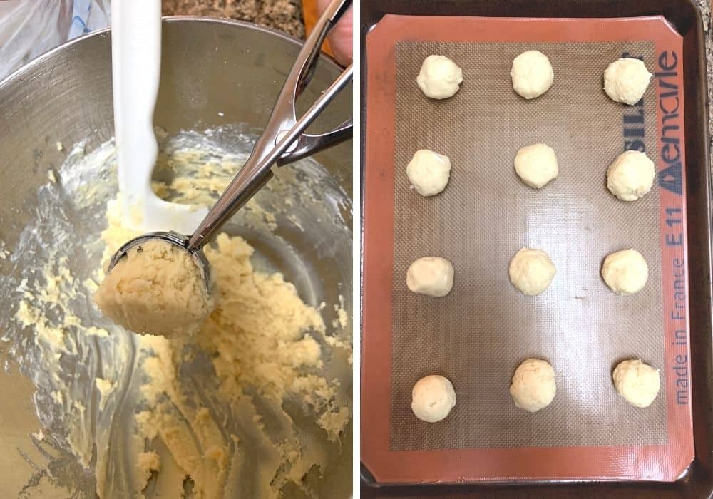collage image with one photo showing a cookie scoop scooping out cookie dough, and the other image showing the balls of cookie dough on a lined baking sheet