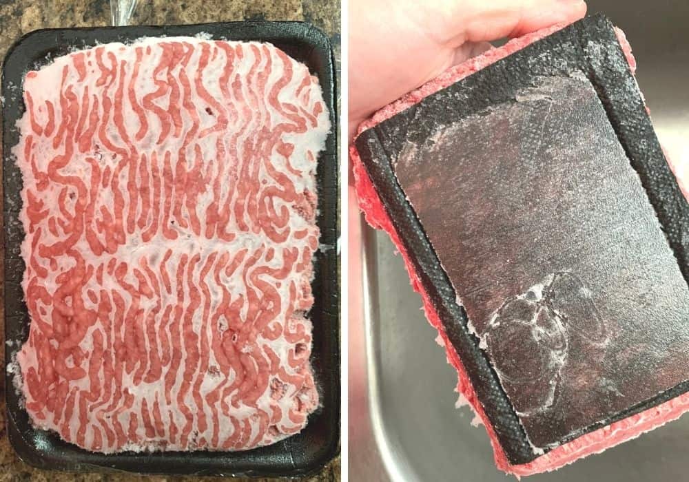frozen ground beef with packaging stuck to it