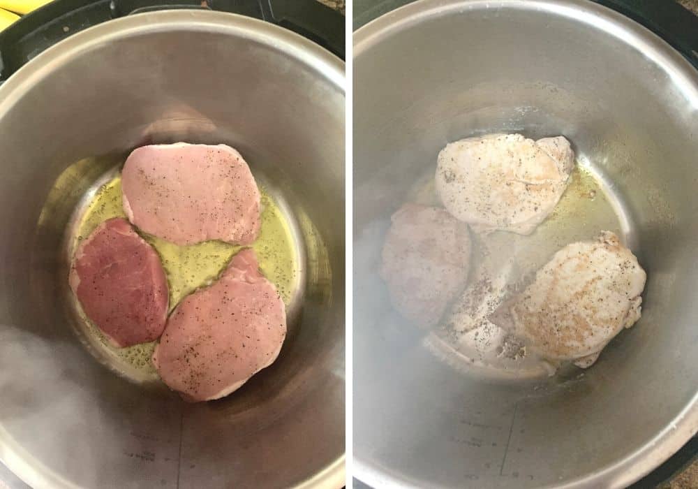 collage image showing the before and after of browning the pork chops in the Instant Pot prior to cooking
