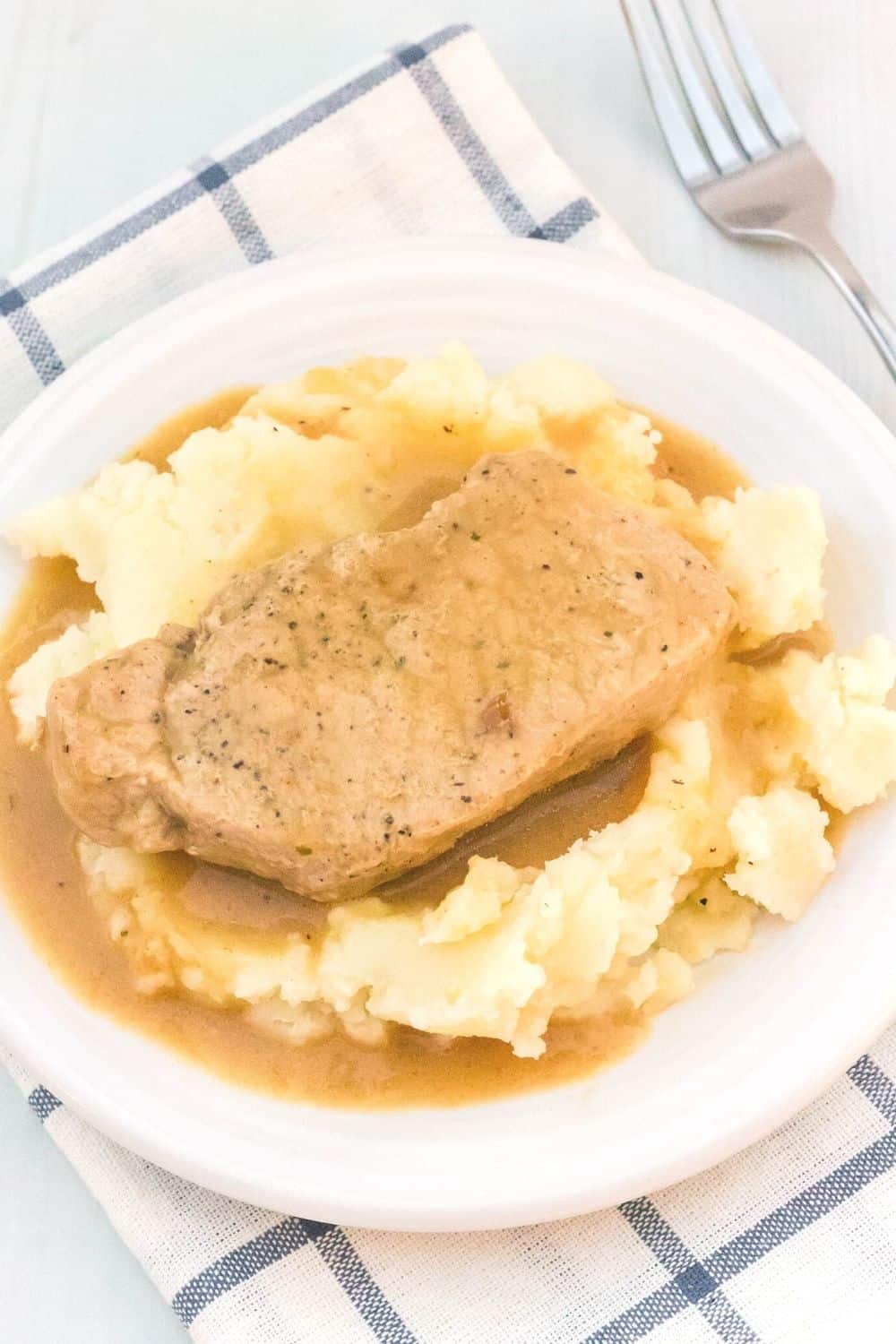 a whole pork chop covered with gravy and served over mashed potatoes on a white plate