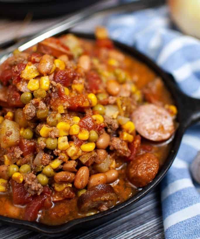 cowboy stew in a cast iron skillet