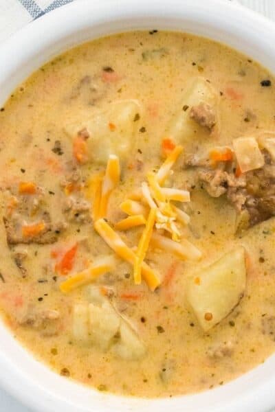 overhead view of a bowl of Instant Pot cheeseburger soup