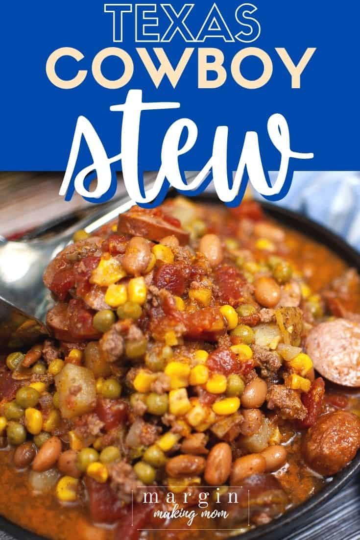 Texas cowboy stew in a cast iron skillet with a ladle scooping some out