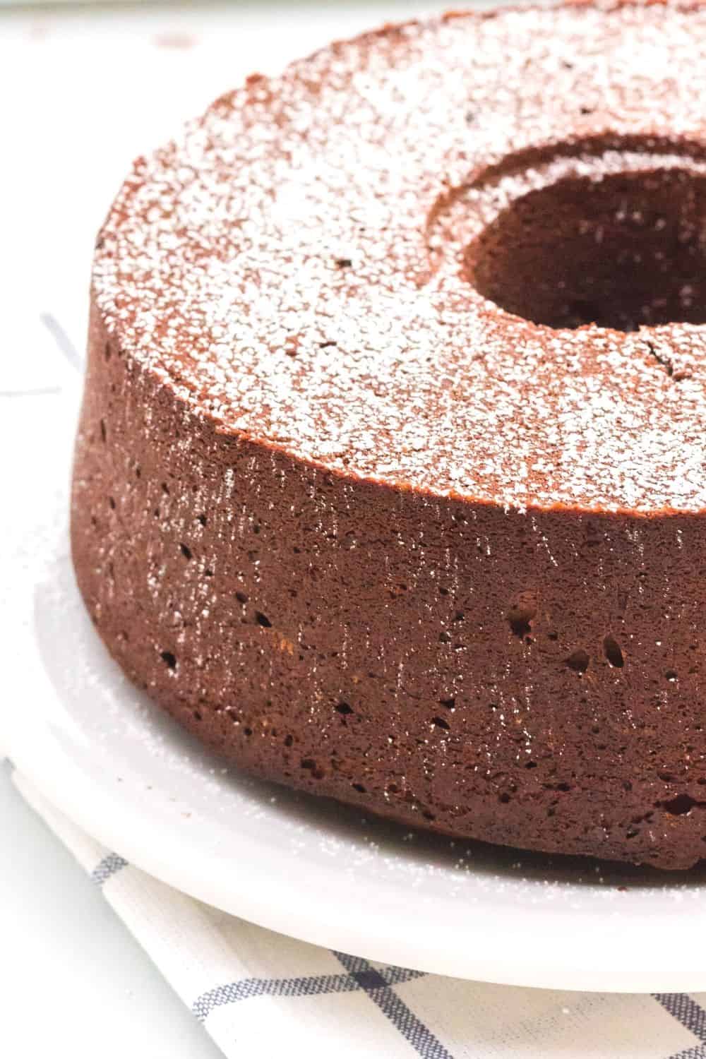 cream cheese chocolate pound cake dusted with powdered sugar