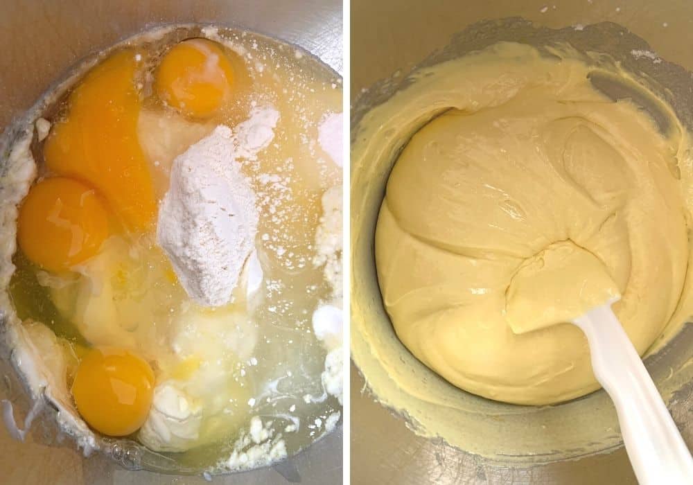 collage image with one photo showing the ingredients for the cake combined in a mixing bowl, and the second image showing the batter ready to be transferred to the bundt pan.