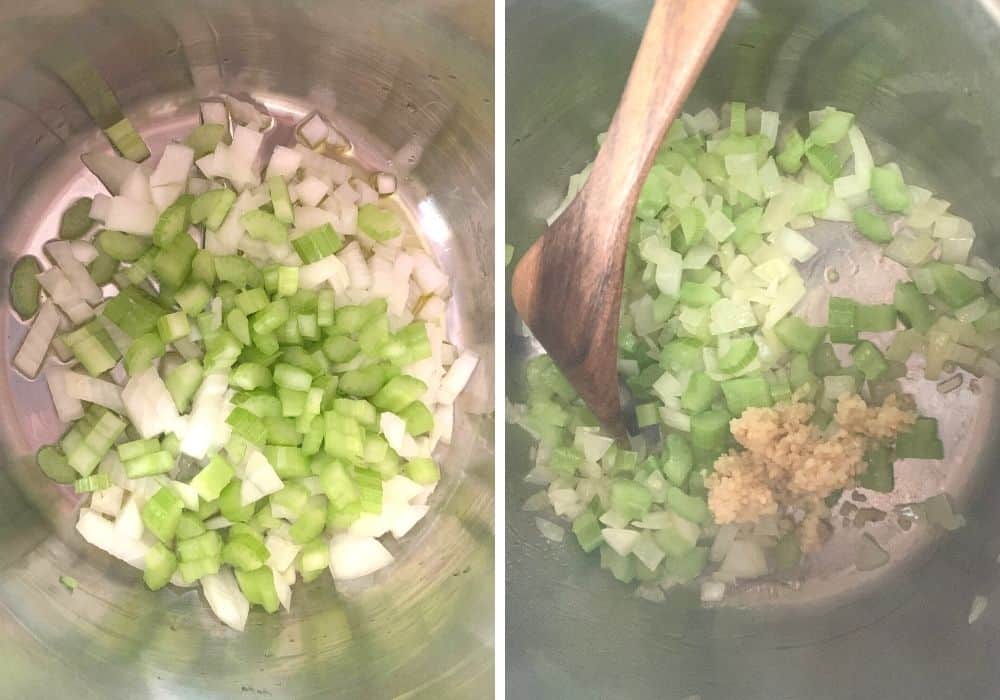 collage image of two photos. The one on the left shows onions and celery added to the oiled insert pot of the Instant Pot. The one on the right shows those veggies sauteed, with the addition of minced garlic.