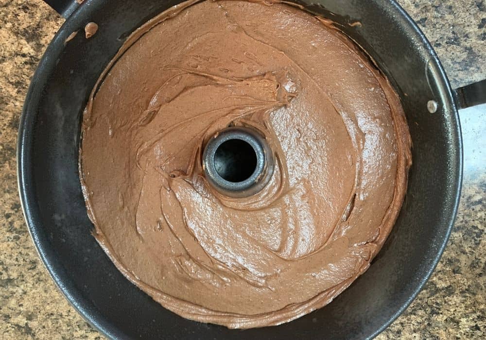 cream cheese chocolate pound cake cake batter in a tube pan