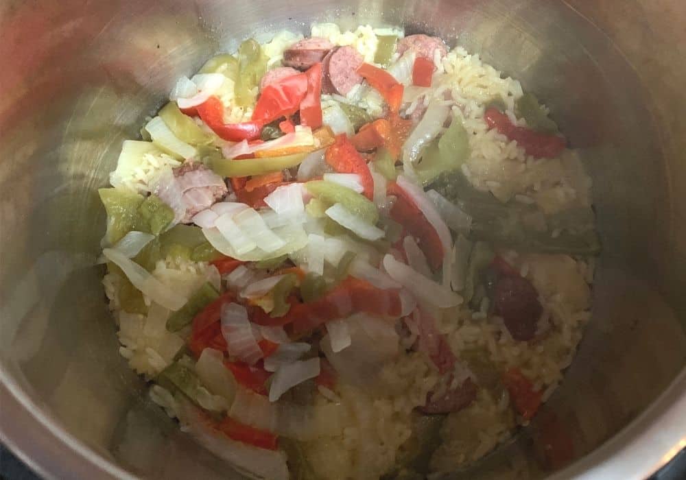 freshly cooked sausage, peppers, onions, and rice in the Instant Pot