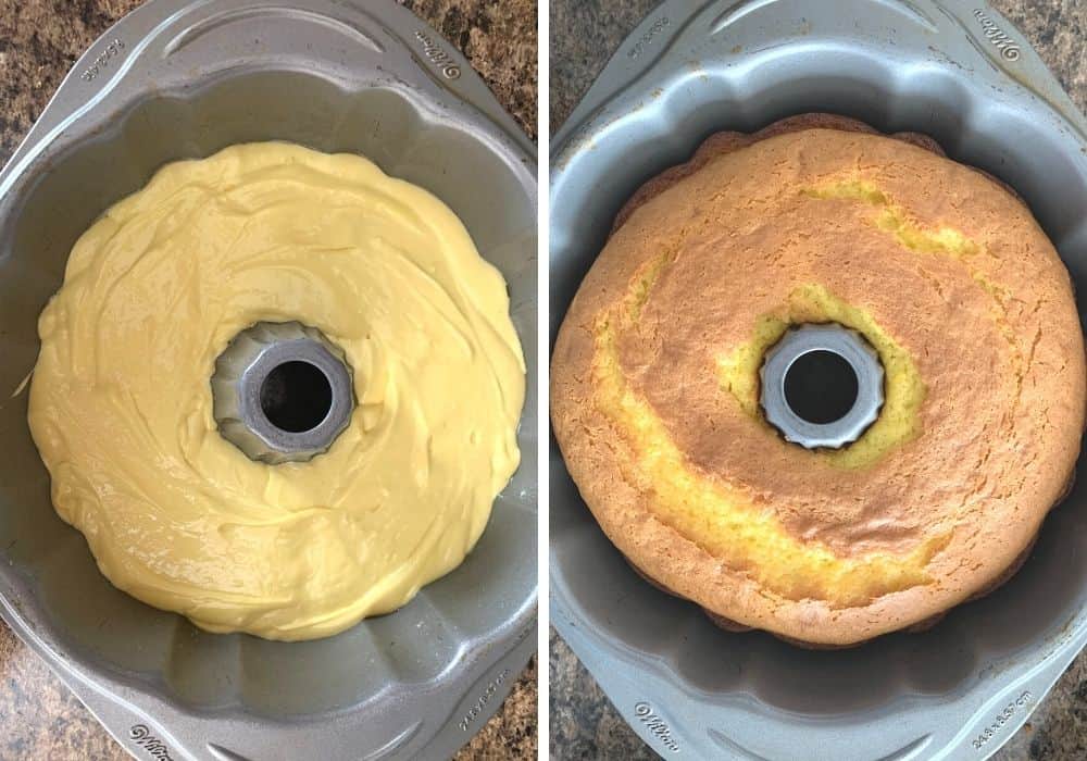 collage image featuring one photo of batter in the bundt pan, and the other photo of the freshly baked lemon cake in the bundt pan.