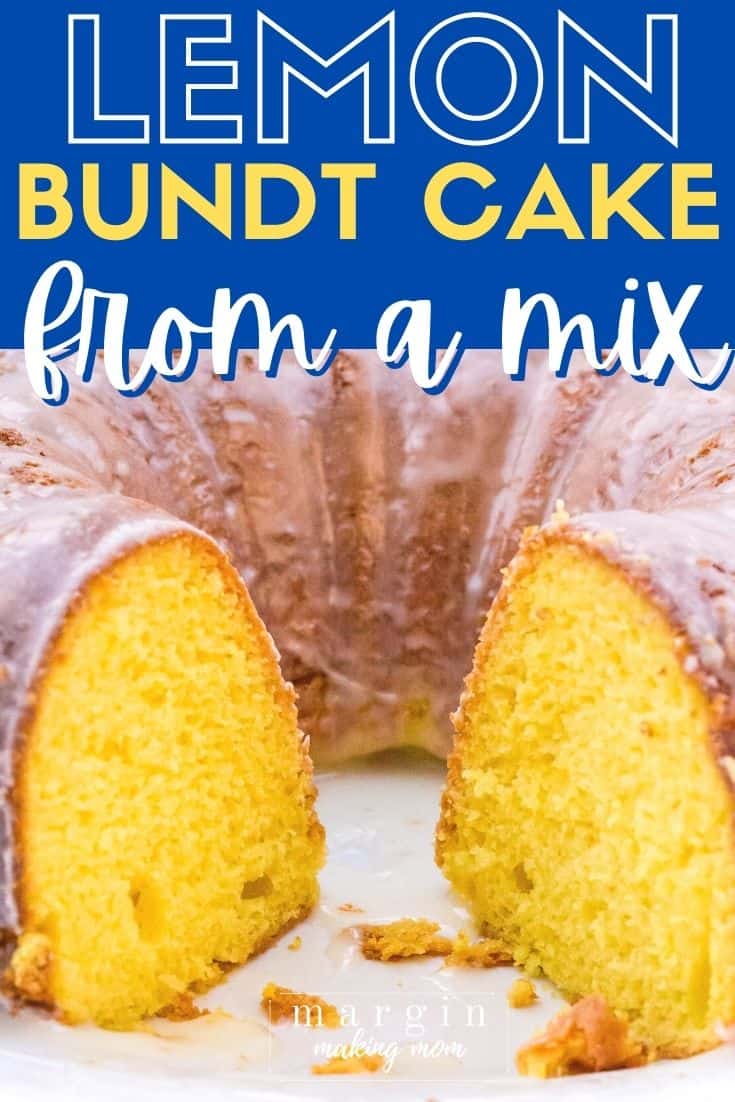 close-up view of a lemon bundt cake with a couple of slices removed