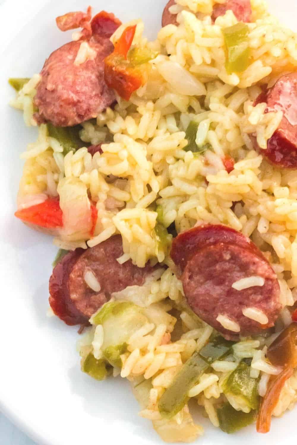 close-up view of smoked sausage, rice, peppers, and onions that were cooked in the Instant Pot