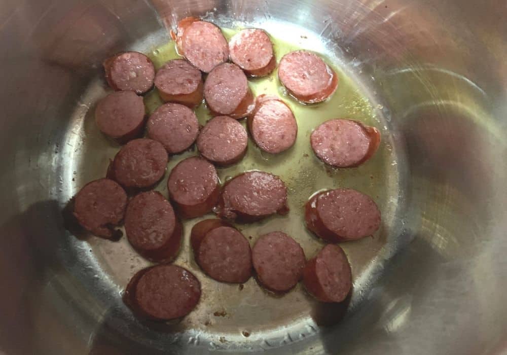 smoked sausage cooked in olive oil in the Instant Pot, using the Saute setting