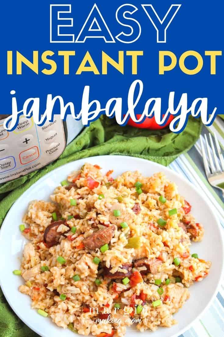 a white plate with a helping of Instant Pot chicken and sausage jambalaya, with the Instant Pot pressure cooker in the background.