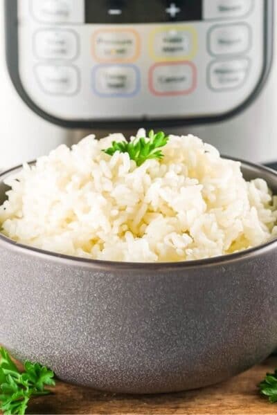 bowl serving Instant Pot long grain white rice in front of the pressure cooker