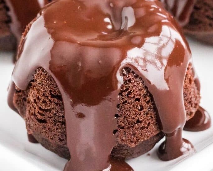 close-up of a mini chocolate bundt cake made from mixes