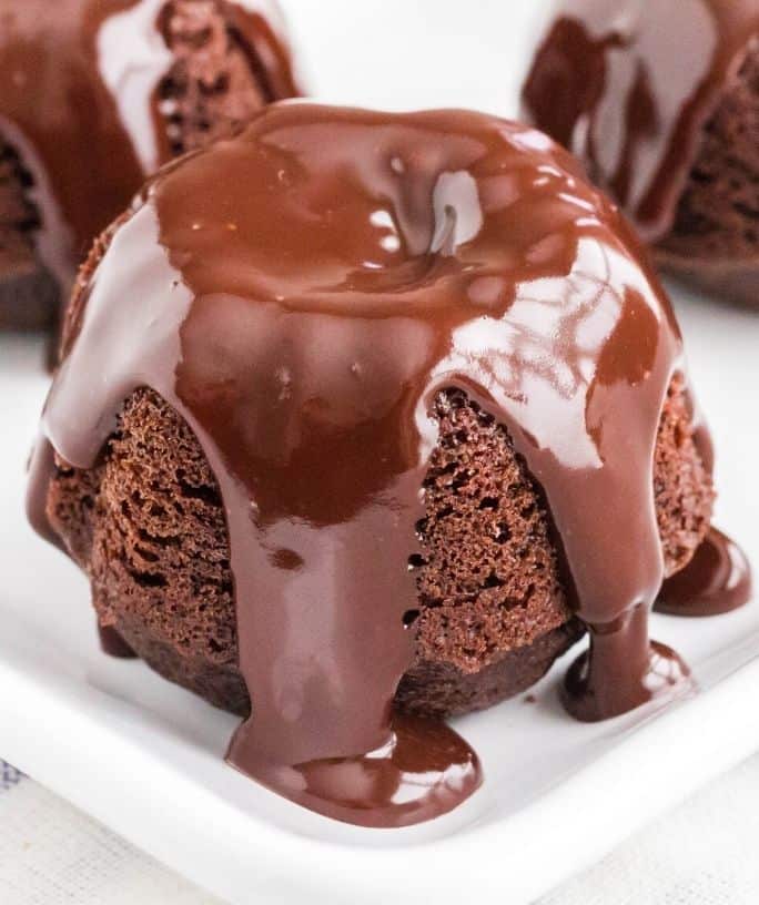 close-up of a mini chocolate bundt cake made from mixes