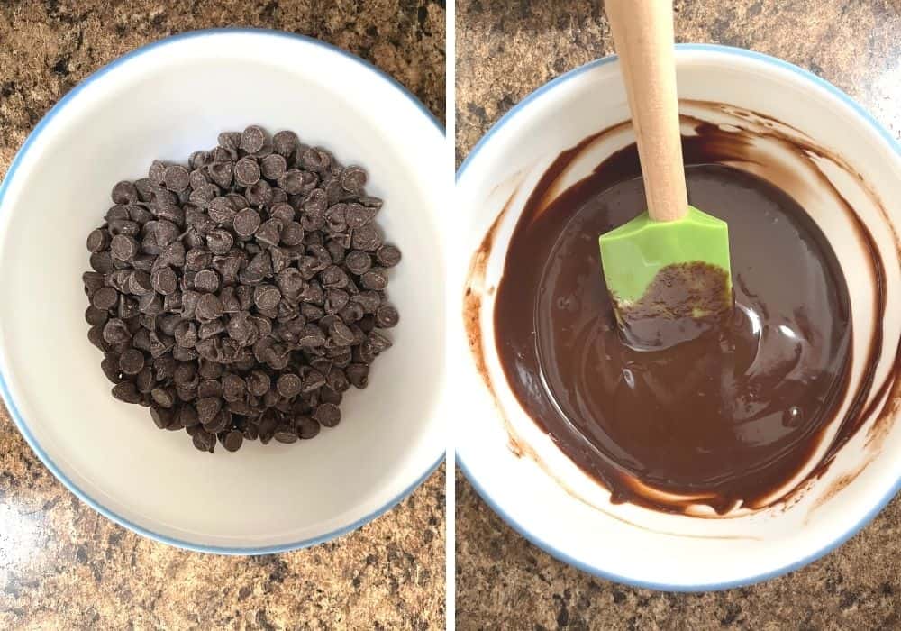 collage image featuring before and after of making ganache for mini chocolate cakes