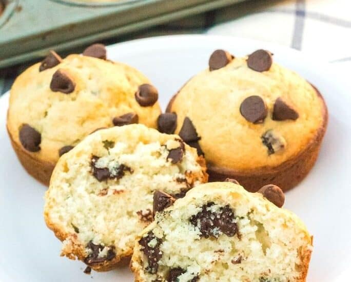 chocolate chip bisquick muffins served on a white plate