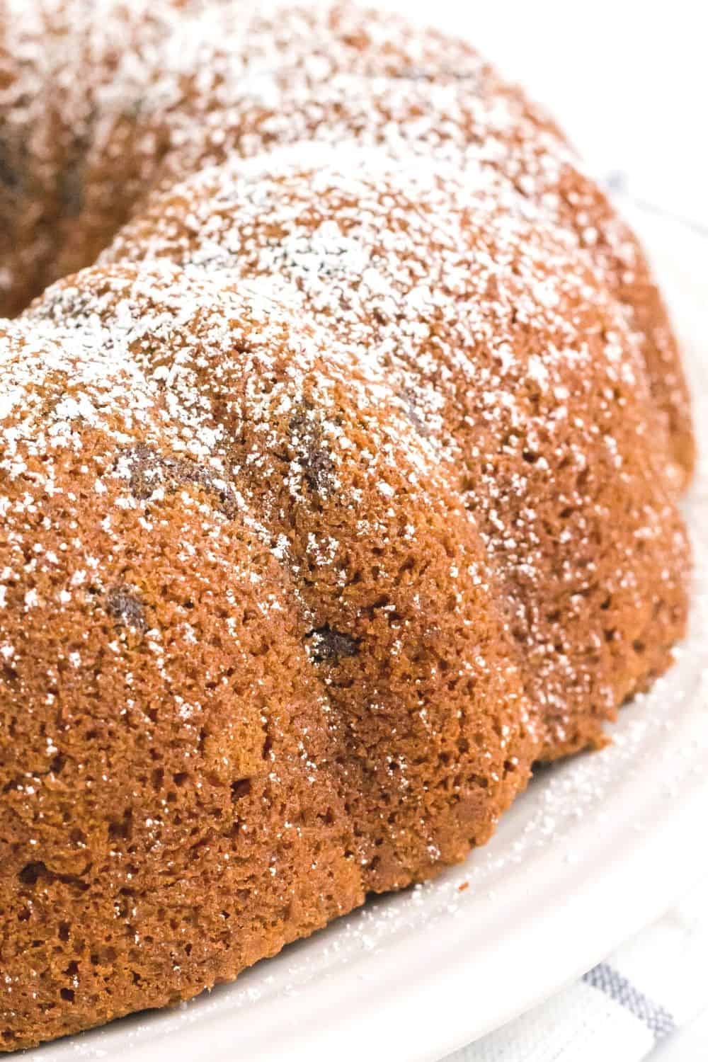easy chocolate chip bundt cake on a white plate, dusted with powdered sugar