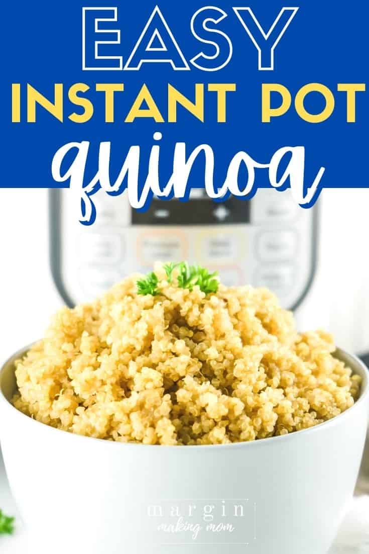 white bowl filled with Instant Pot quinoa, with a pressure cooker in the background
