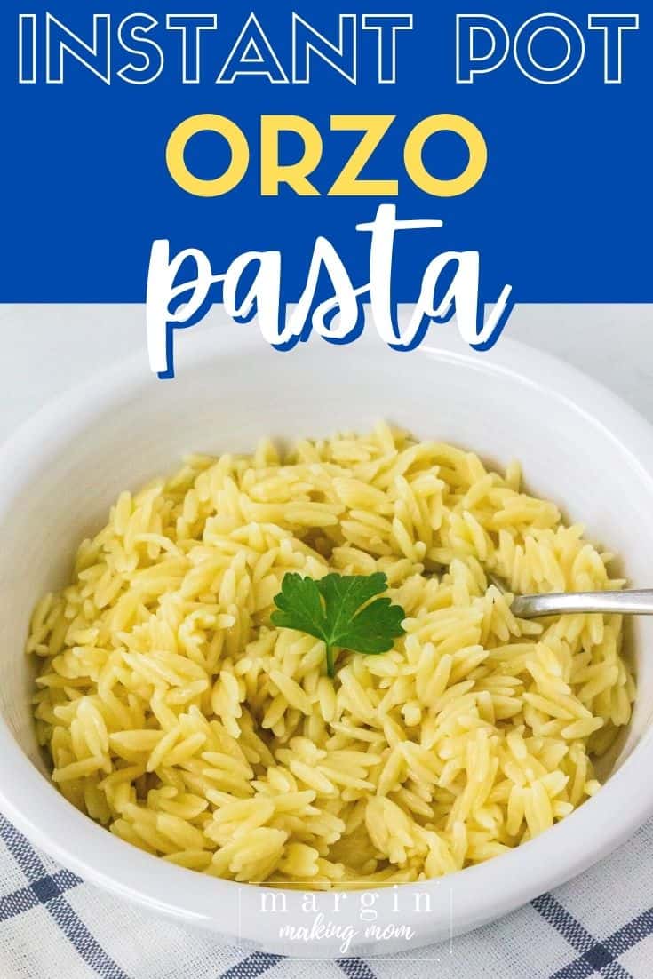 a white bowl of creamy Instant Pot orzo pasta with a garnish of fresh parsley