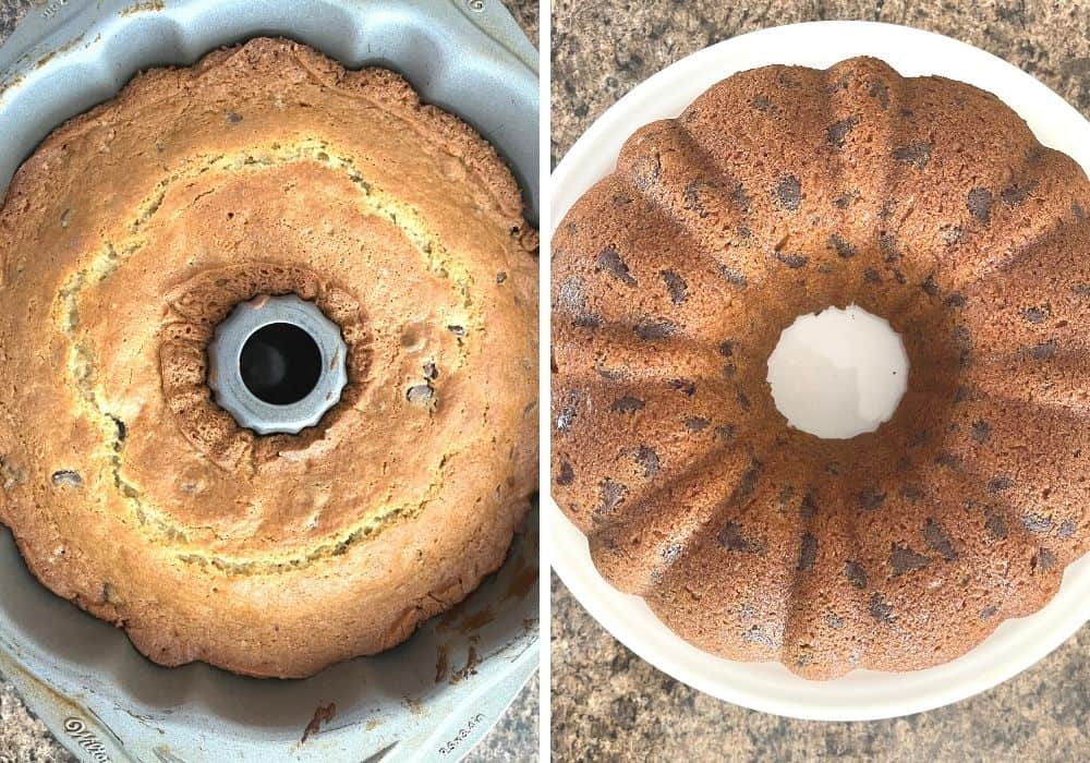 collage image showing a chocolate chip bundt cake in the pan, as well as the same cake inverted onto a white serving plate