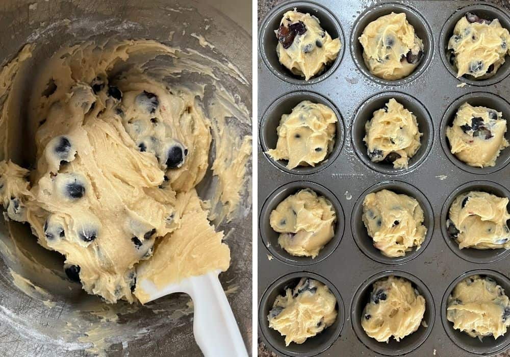 collage image showing blueberries stirred into the muffin batter in one photo, and batter divided among a muffin pan in the other photo.