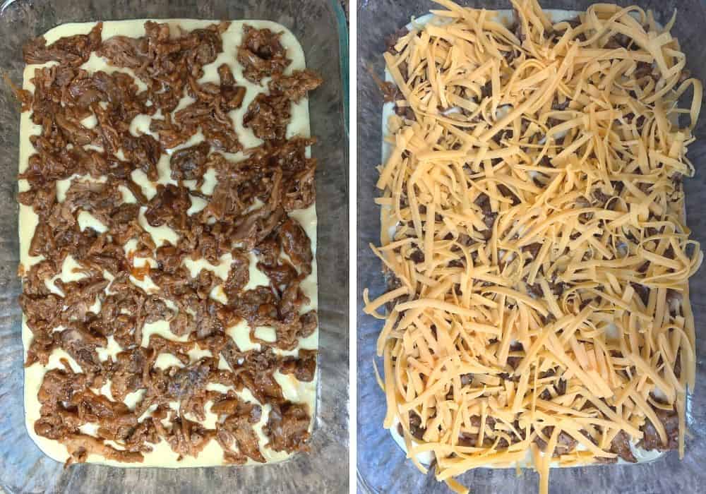collage of two photos, showing the layering process of making bola de carne. One photo shows pulled pork over batter, the next photo shows cheese over the pork.